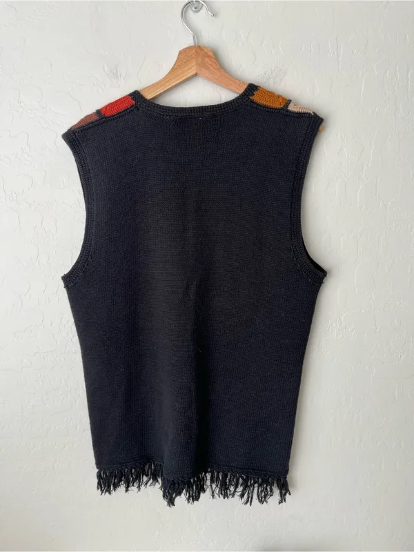 Rafaella Vintage Grandma Knit Crochet Granny Square Fringe Button Up Vest Size Medium - Image 5