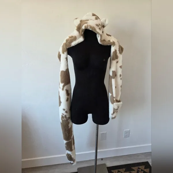 Ultra Soft Cow Print Hat Scarf Mitten Attached Furry Hood Ears Puppy Snow Bunny - Image 6