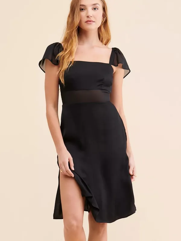 Anthropologie Sheer Flutter Sleeve Dress Silky Satin Black Women’s Size 16 - Image 2