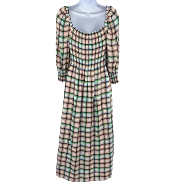 Maeve Anthropologie Plaid Smocked Maxi Dress XS Cottagecore Prairie Long‎ Sleeve - Image 9