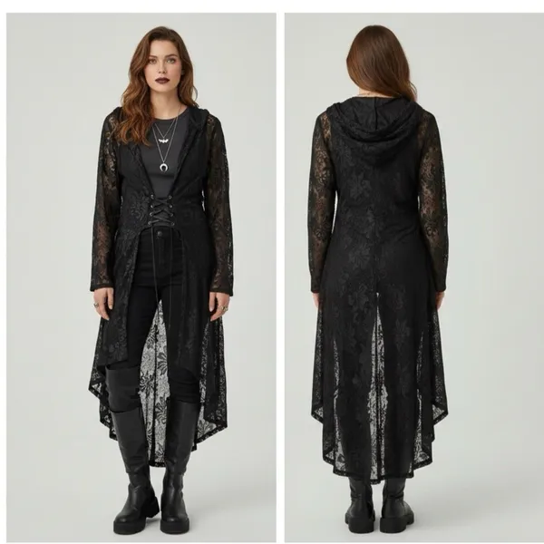 Whimsigoth Witchy Goth Hooded Sheer Lace Maxi Duster Cardigan Black Victorian M - Image 2