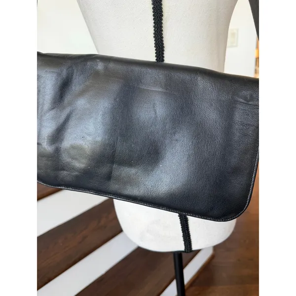 Vintage Minimalist 90s Black Leather Pleated Baguette Shoulder Bag 11x6 - Image 3