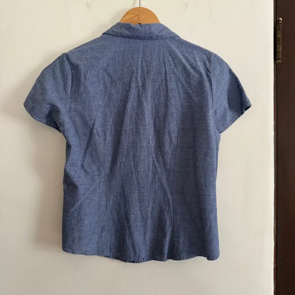 VINTAGE Blue Chambray Patriotic Flag Star Heart Embroidered Short Sleeve Shirt M - Image 2