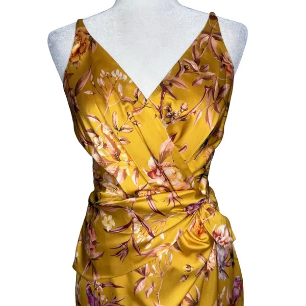 NWOT Express Satin Mustard Yellow Floral Bird Twist Front Tulip Midi Dress Small - Image 4