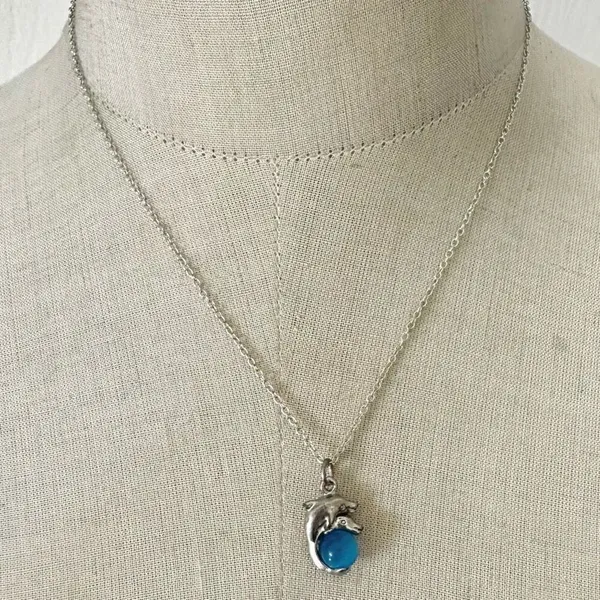 Vintage Dolphin Pendant Necklace with Blue Glass Orb - Image 3