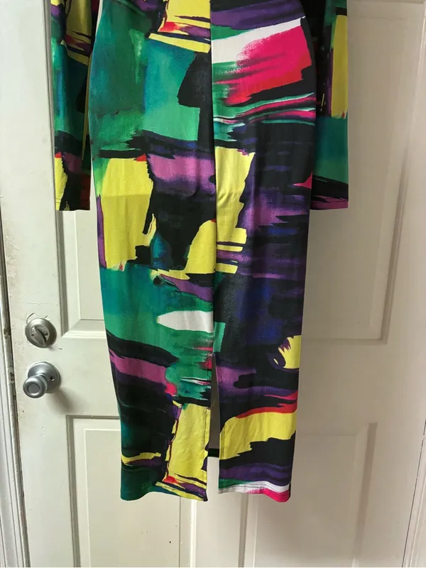 Abstract Multicolor Long Sleeve Midi Dress - Black Base - Image 2