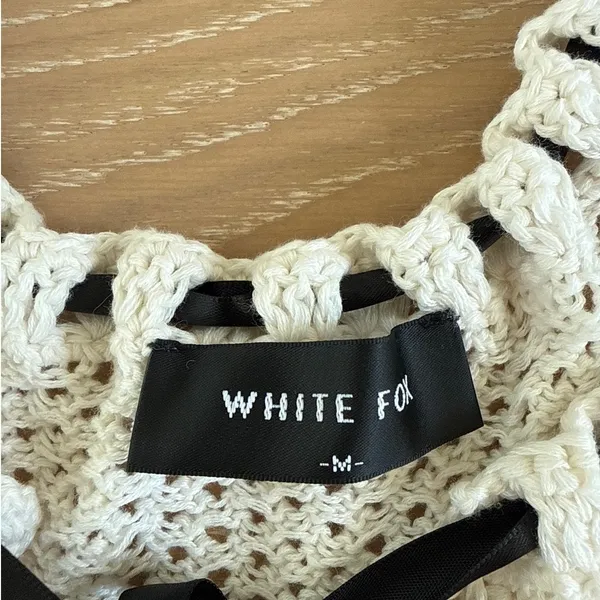 White Fox Crochet Mini Dress Everything I Do Size M Beige Black - Image 2
