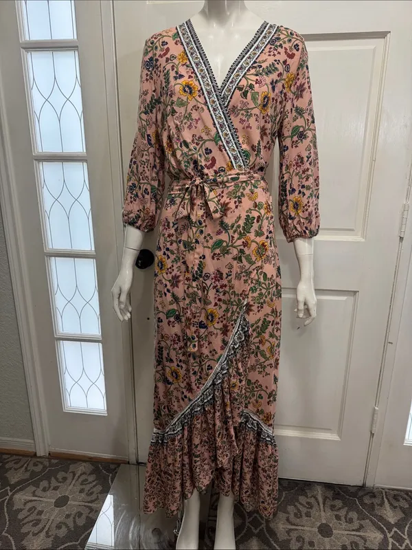 FARM Rio 100% Viscose Pink Floral Wrap Long Sleeve Maxi Dress Size Medium🌸💗 - Image 5