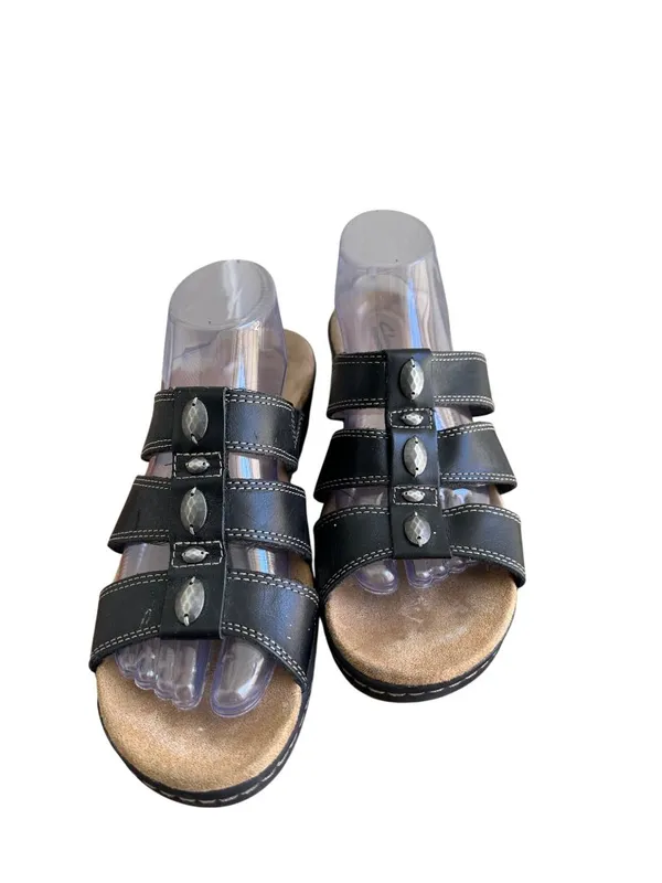 Women's Clarks Size 10 Collection Textured Leather Slip On Sandals Black - Image 4