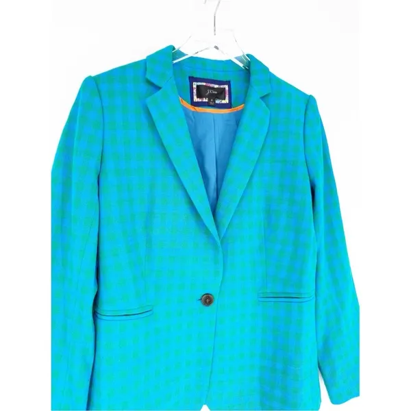 J.Crew Printed Matter Check Blazer‎ Women's 6 Blue Green Preppy - Image 4