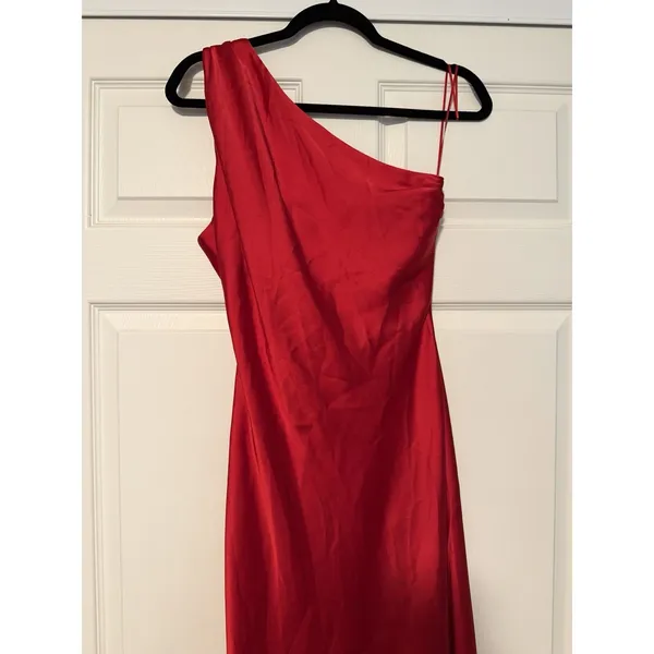 Zara Red Asymmetrical One Shoulder Satin Gown Maxi Dress Formal Grecian Holiday - Image 3