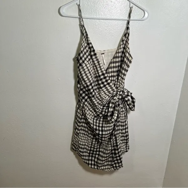 Free People Womens Size 0 Nodia Gingham Check Wrap Mini Dress Black White Cotton - Image 3