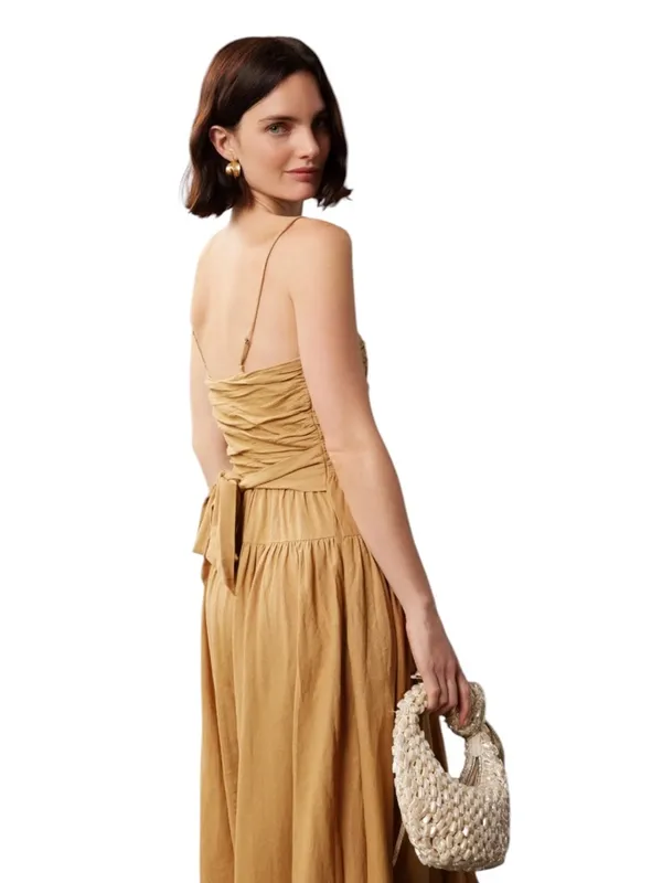 Toccin- Ruched Bodice Tie Midi Dress in Tan Size 4 - Image 4