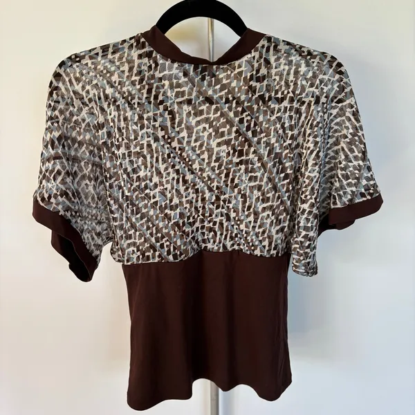 Y2K Brown Office Siren Fitted Top Sheer Short Sleeve Babydoll Career Large - Image 3