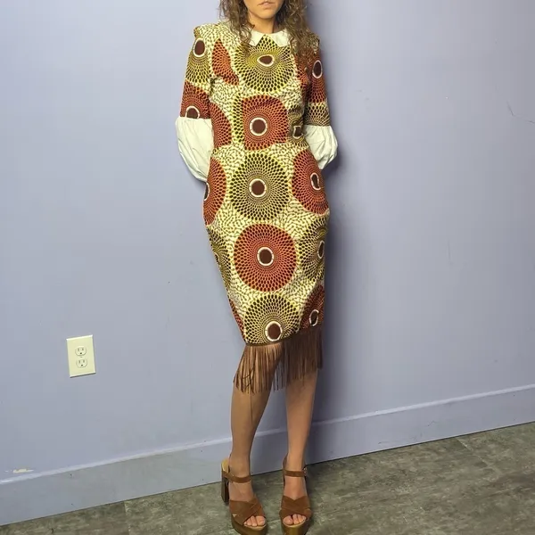 Vintage 70’s Homemade Puff Sleeve Collared‎ Dress in Brown Orange Yellow Size S - Image 3