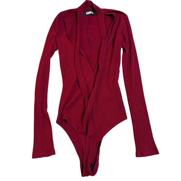 Reformation Burgundy Ribbed Long Sleeve Deep V-Neck‎ Bodysuit XS Made in USA - Image 5