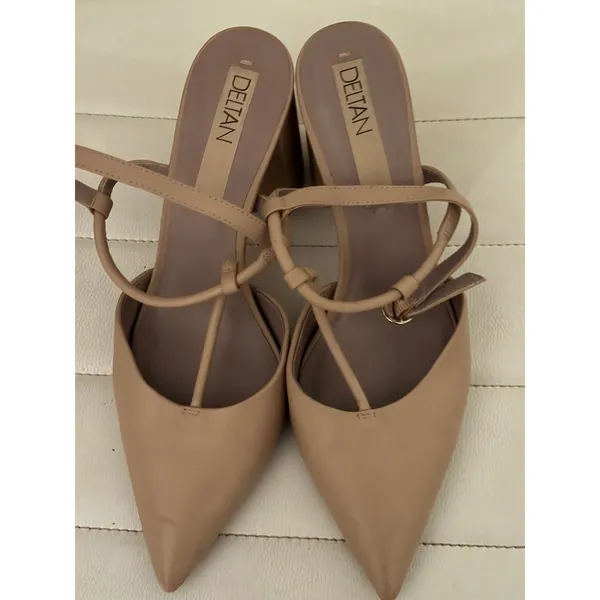 Deltan Tan Nude Pointed‎ Toe Multi Strap Block Heel Pumps Womens - Image 2