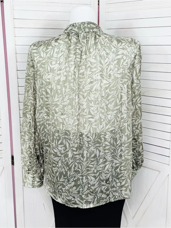 H&M Floral Pleated Mock Neck Blouse Green Cream Large Sheer Satin Office Boho - Image 5