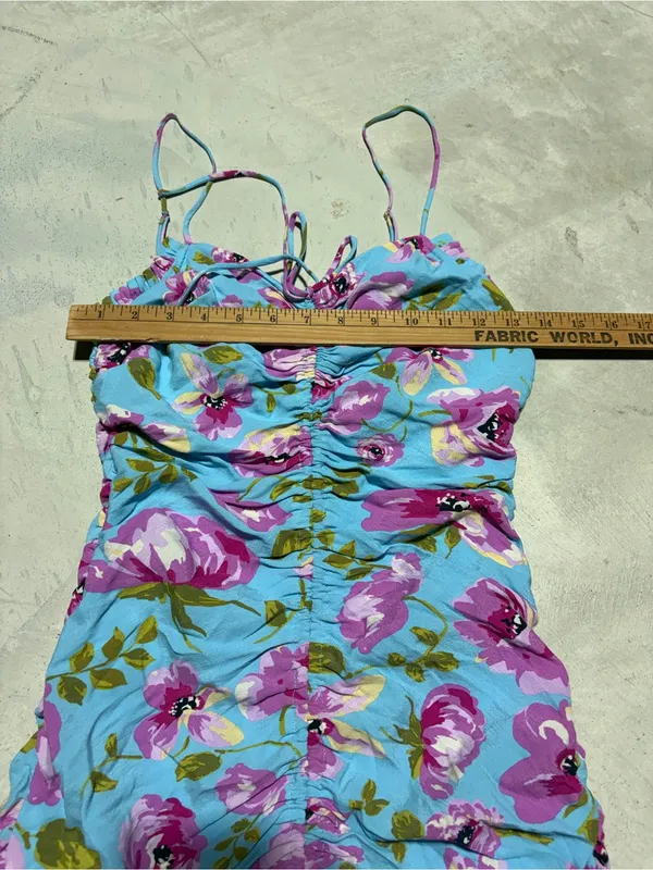 Zara Blue Floral Ruched Mini Dress small - Image 3