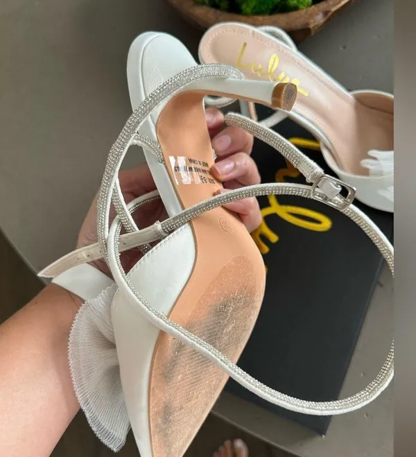 Lulus Lelanee White Satin Rhinestone Bow Ankle Strap Pumps - Image 8