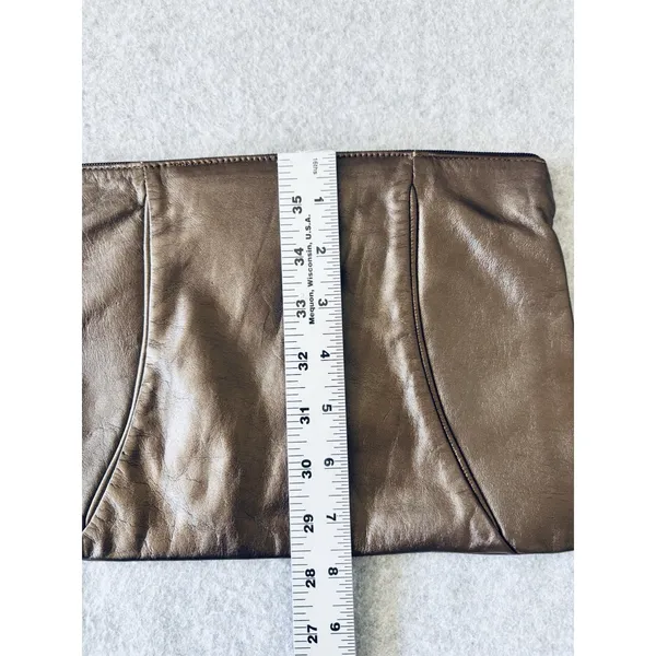 Vintage Leather Clutch Metallic Brown Zip Purse 80s Minimalist Bag Retro - Image 9