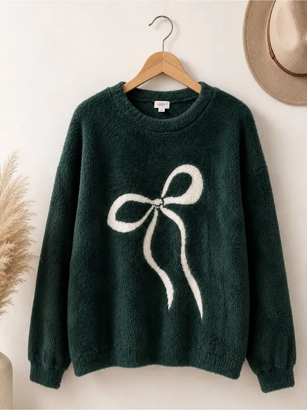 Lulus LuLaRoe Forest Green Fuzzy Bow Sweater XL Cozy Plush Pullover - Image 2
