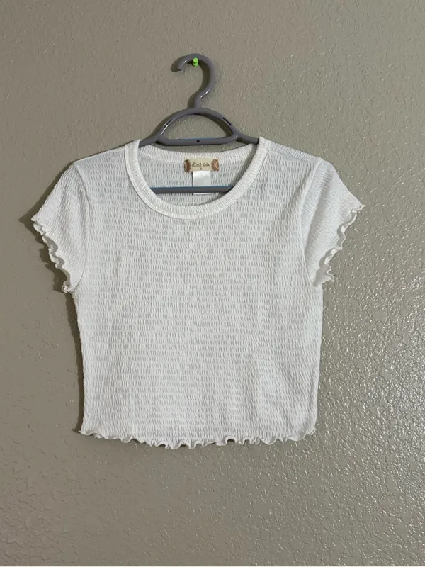 Altar’d State Small White Smocked Crop Top Lettuce Edge Baby Tee Coquette - Image 4