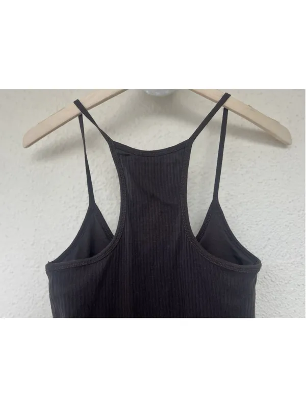 VTG Abercrombie & Fitch Brown Ribbed Lace Hem Racerback Cami Tank Top Small Logo - Image 3