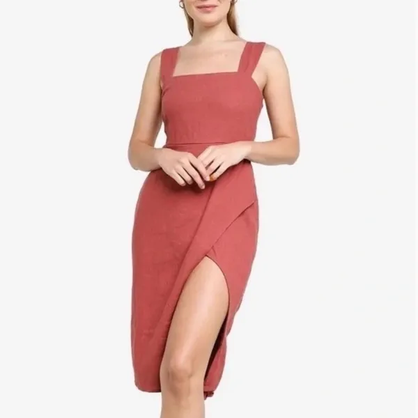Abercrombie Wrap Front Linen Midi Dress Dusty Rose Rust - Image 2