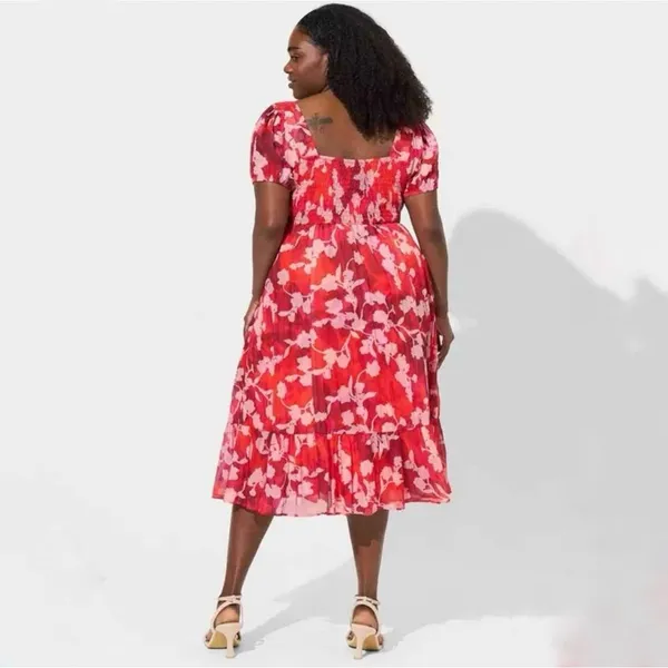 Torrid Floral Crinkle Fabric Tiered Puff Sleeve Smocked Midi Dress Red‎ Pink 12 - Image 5
