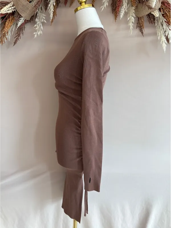 Long Sleeve Side Ruched Midi Dress with Side Slit in Taupe - Image 7