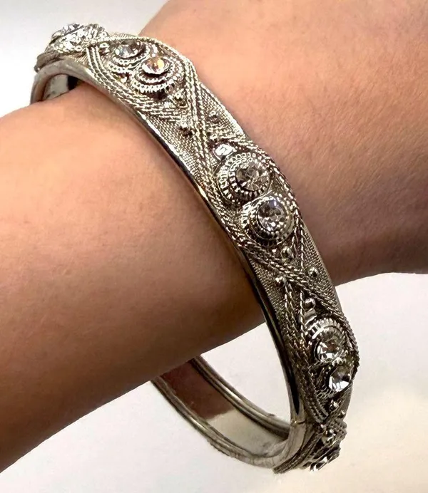 Silver Toned Rhinestone Bangle Bracelet - Image 6