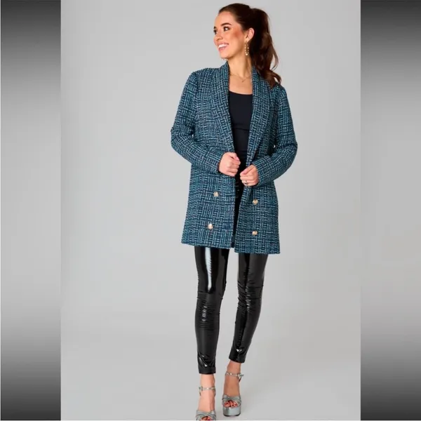 BuddyLove Blue Green‎ and Gold metallic tweed Blazer dress Size Medium - Image 7