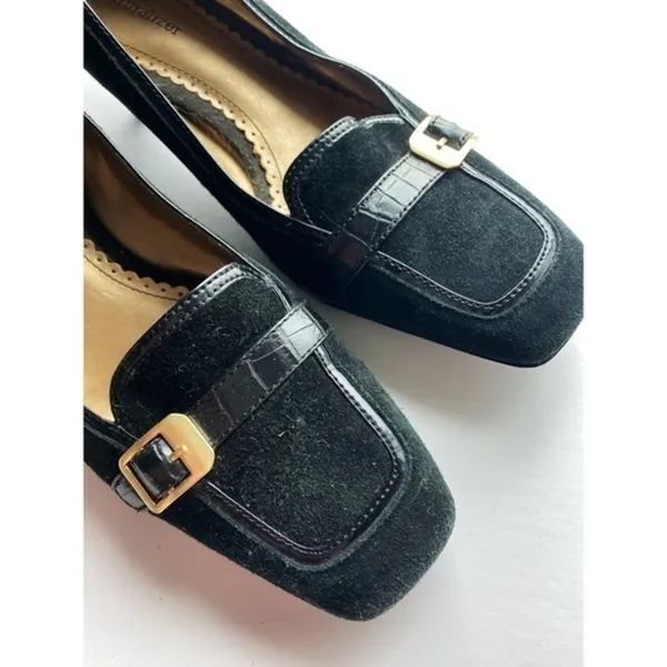 Naturalizer • Black Suede Buckle Square Toe Heels - Image 2