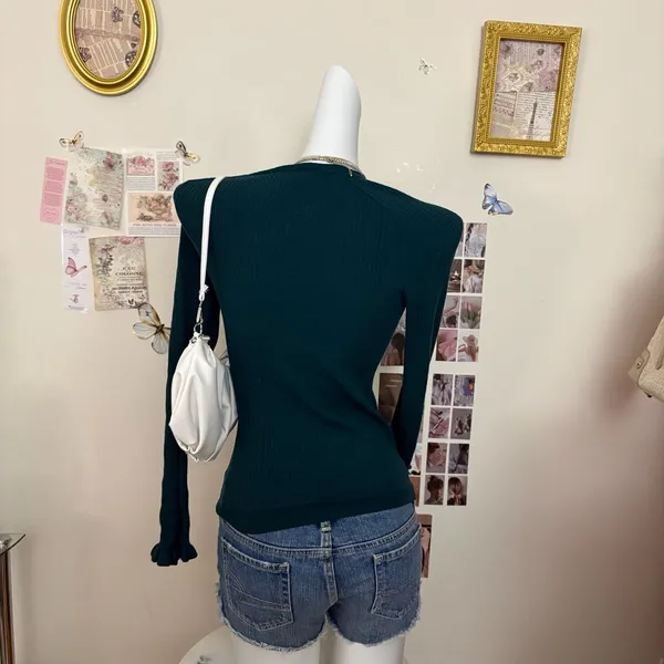 Ann Taylor Green Ribbed Long Sleeve Sweater Top Medium - Image 3