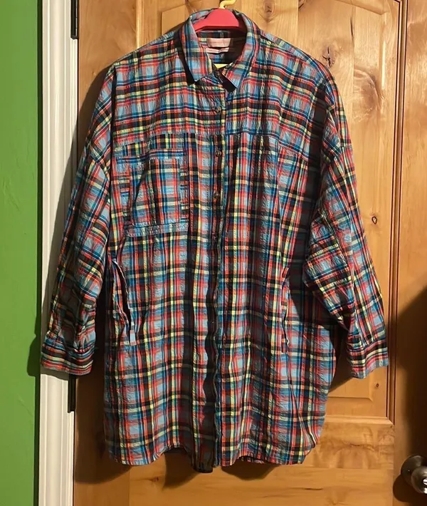 Oversized Bryce Plaid Longline Button-Down Shirt $88 EUC S - Image 4