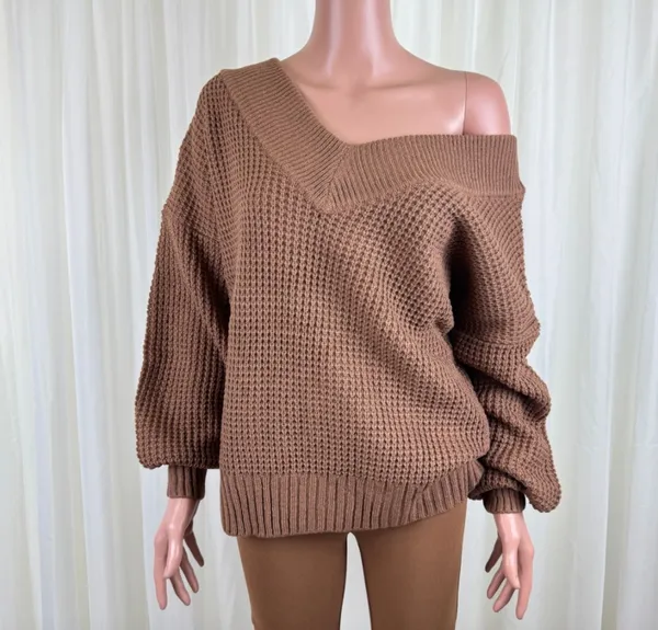 New Women's Zenana Plus Size V-Neck Off The Shoulder Waffle Knit Sweater Camel / Light Brown Sz 1X - Image 3