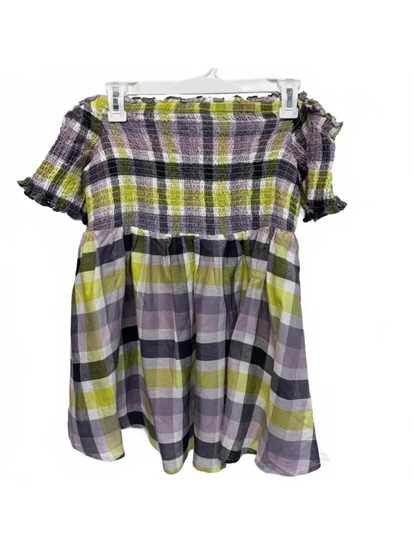 Torrid Multicolor Plaid Smocked Off Shoulder Babydoll Top Size 0 (12) - Image 2