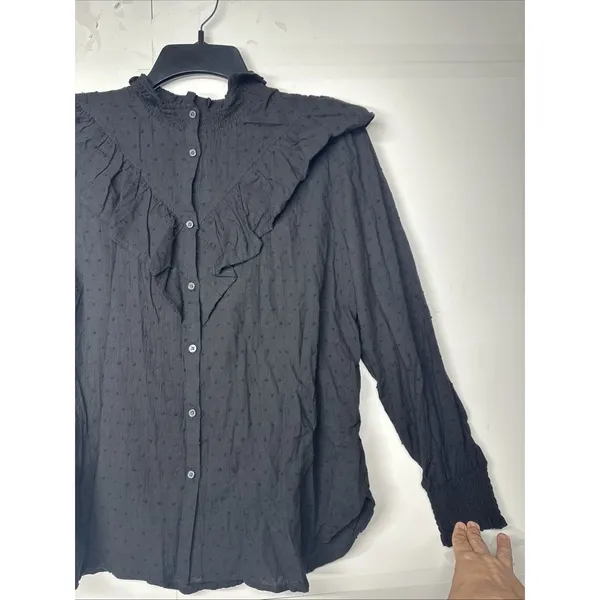 Loft Black Swiss Dot Ruffle Trim Long Balloon Sleeve Blouse Regencycore Size M - Image 4