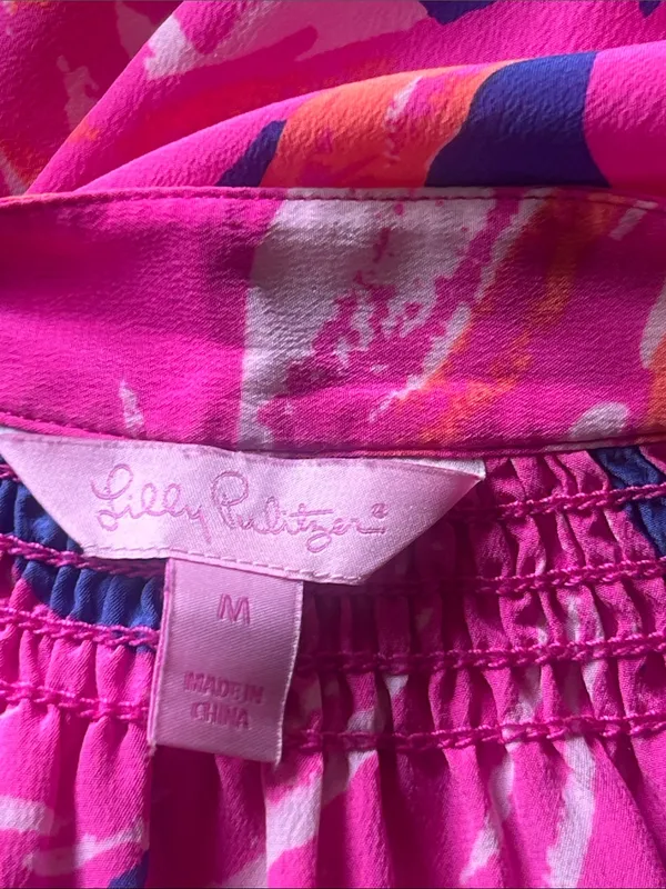Lilly Pulitzer Elsa Plume Blume Flamingo Silk Long Sleeve Blouse Size Medium - Image 11