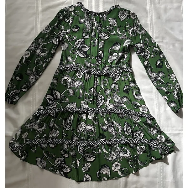 Anthropologie Robin Boho Tiered Ruffled V-Neck Dress Green Motif Size Small - Image 12