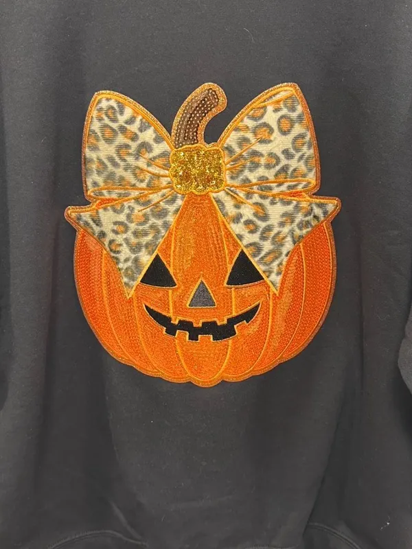 Halloween fall festive Black Sweatshirt with Orange Pumpkin and Leopard Bow - Image 3