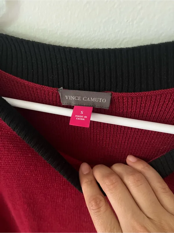 Vince Camuto Two-Tone Red Off-the-Shoulder Button Sweater - Image 3