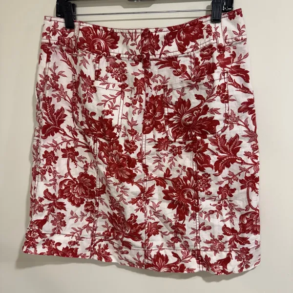 Ann Taylor Womens Red White Floral 100% Linen Mini Pencil Skirt Size 10 Pockets - Image 2