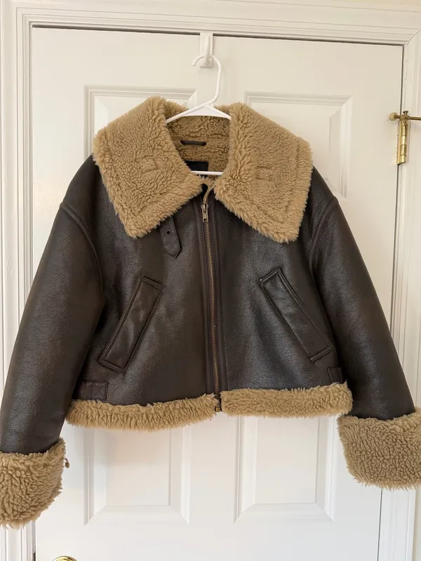 Zara short faux shearling leather brown crop jacket - Image 2