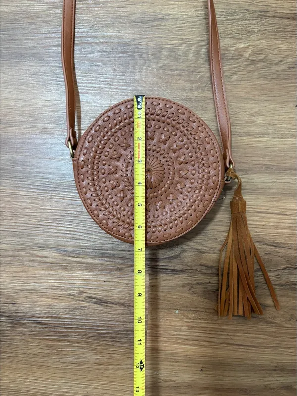 Brown Round Boho Crossbody Bag Woven Embossed Design Tassel Adjustable Strap - Image 3