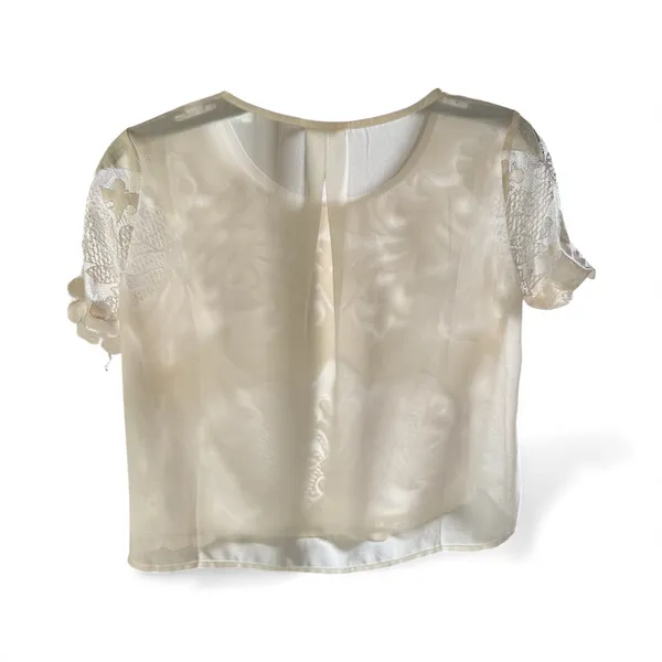 Women's Sheer White Lace Crop Top with Short Sleeves - Image 2