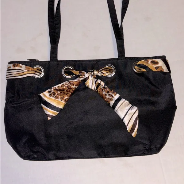 Black Nylon Tote/Shoulder Bag Tie Interwoven Thru Bag 3 Compartments One Zipper - Image 2