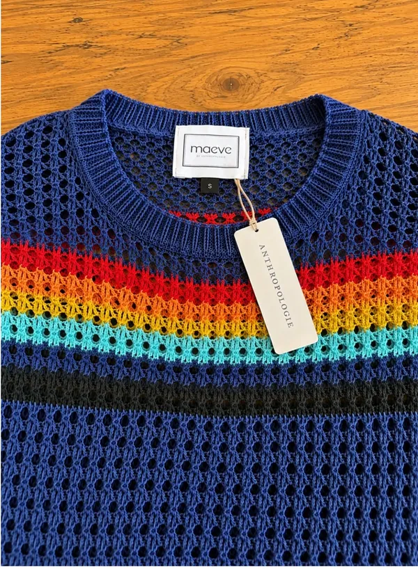 Maeve by Anthropologie Rainbow Stripe Crochet Sweater Sz S Boho Festival NWT - Image 4