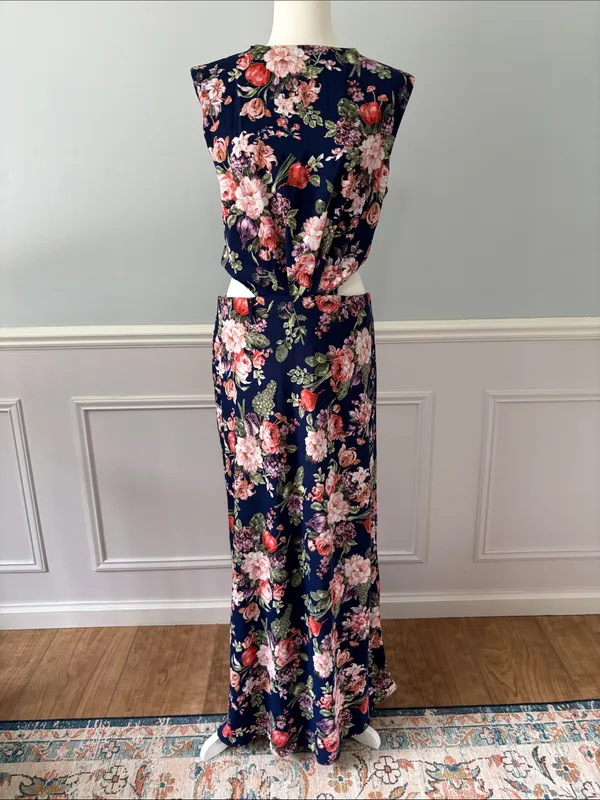 Abercrombie & Fitch Floral Fruits Cutout Maxi Dress Navy Cap Sleeve Size Medium - Image 2